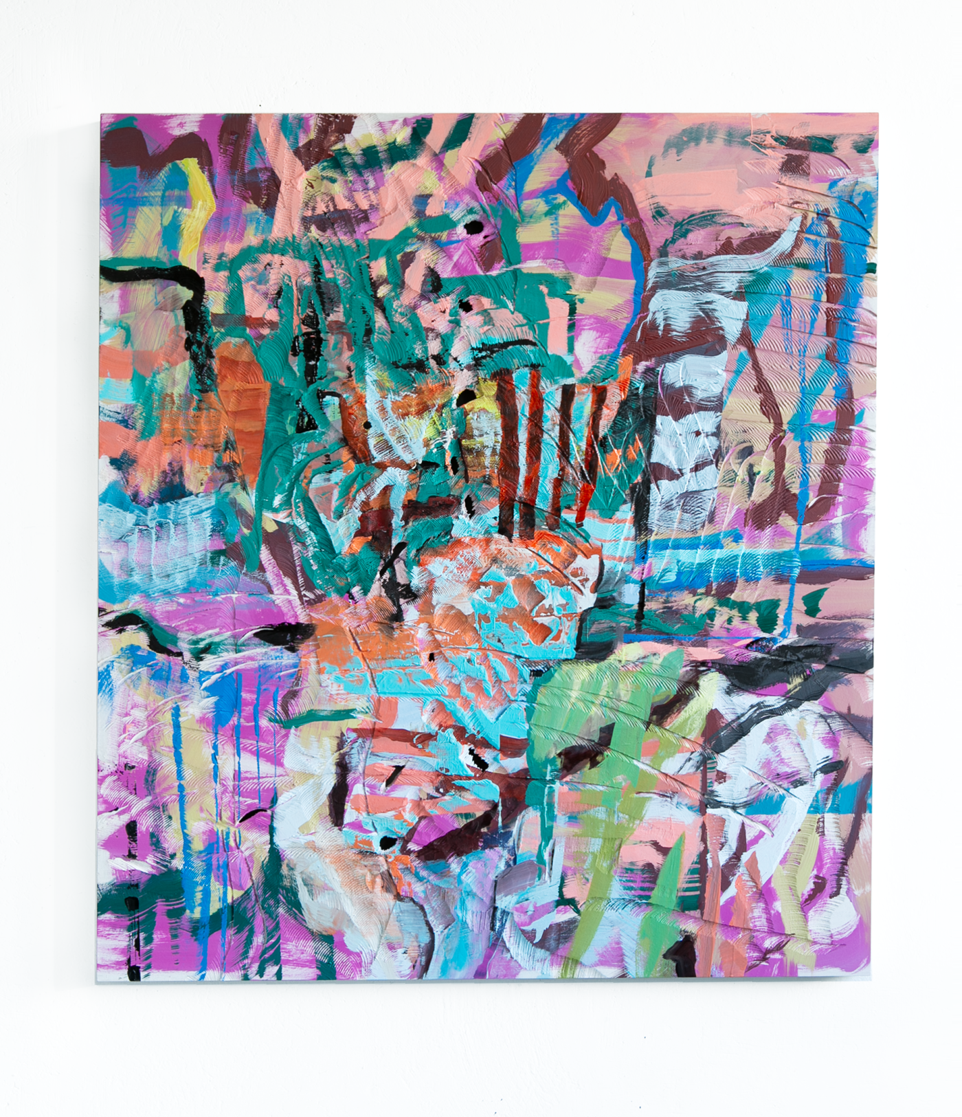 o.T. Ölfarbe, Motorsäge auf Holz, 100 x 90 cm, 2025